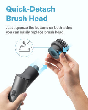 HOTO brush head assembly shows quick push-lock replacement for easy swapping.