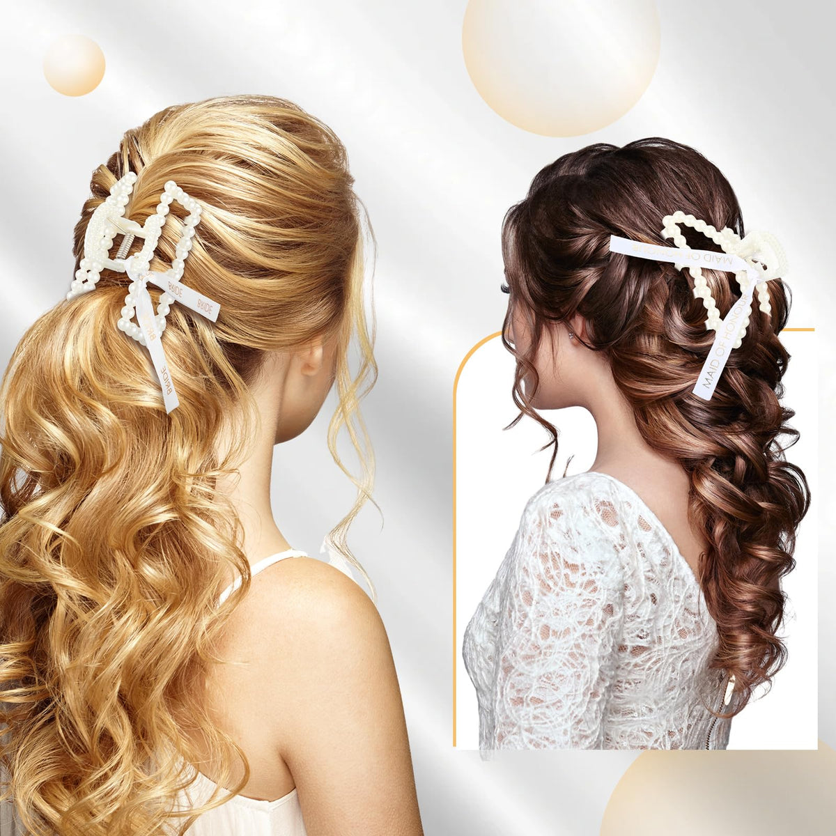 Hotop crescent pearl clip with ribbon in white for wedding styling.
