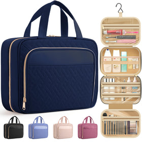 HOTOR travel toiletry bag with hanging hook keeps cosmetics organized for easy access.