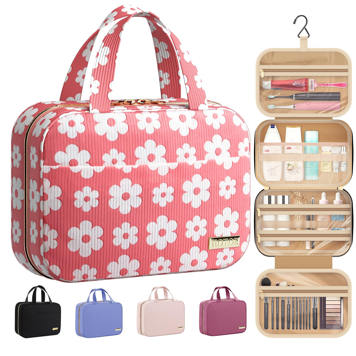 HOTOR Travel Toiletry Bag hanging closed, compact organizer for travel essentials.
