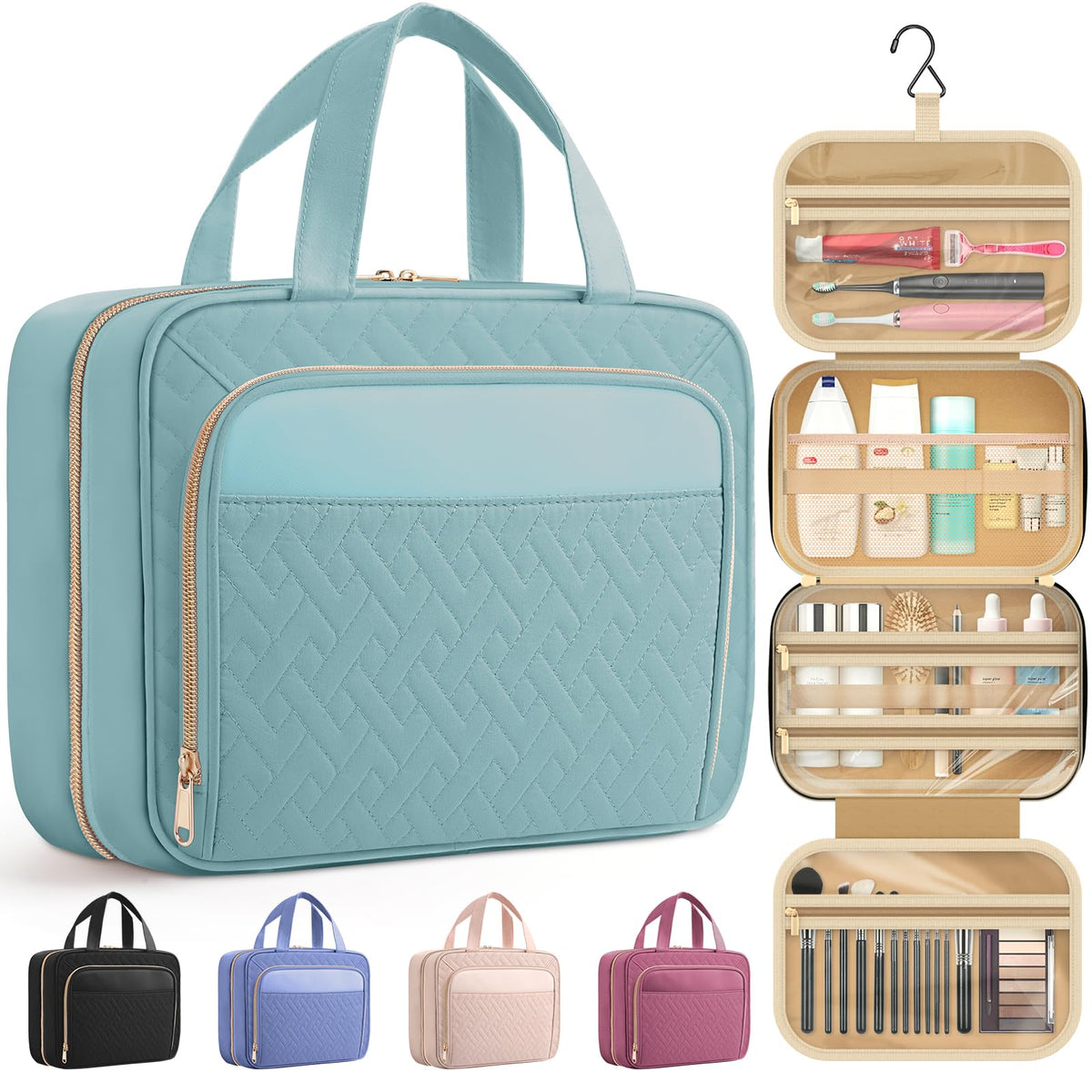 HOTOR travel toiletry bag with hanging hook for easy access on the go.