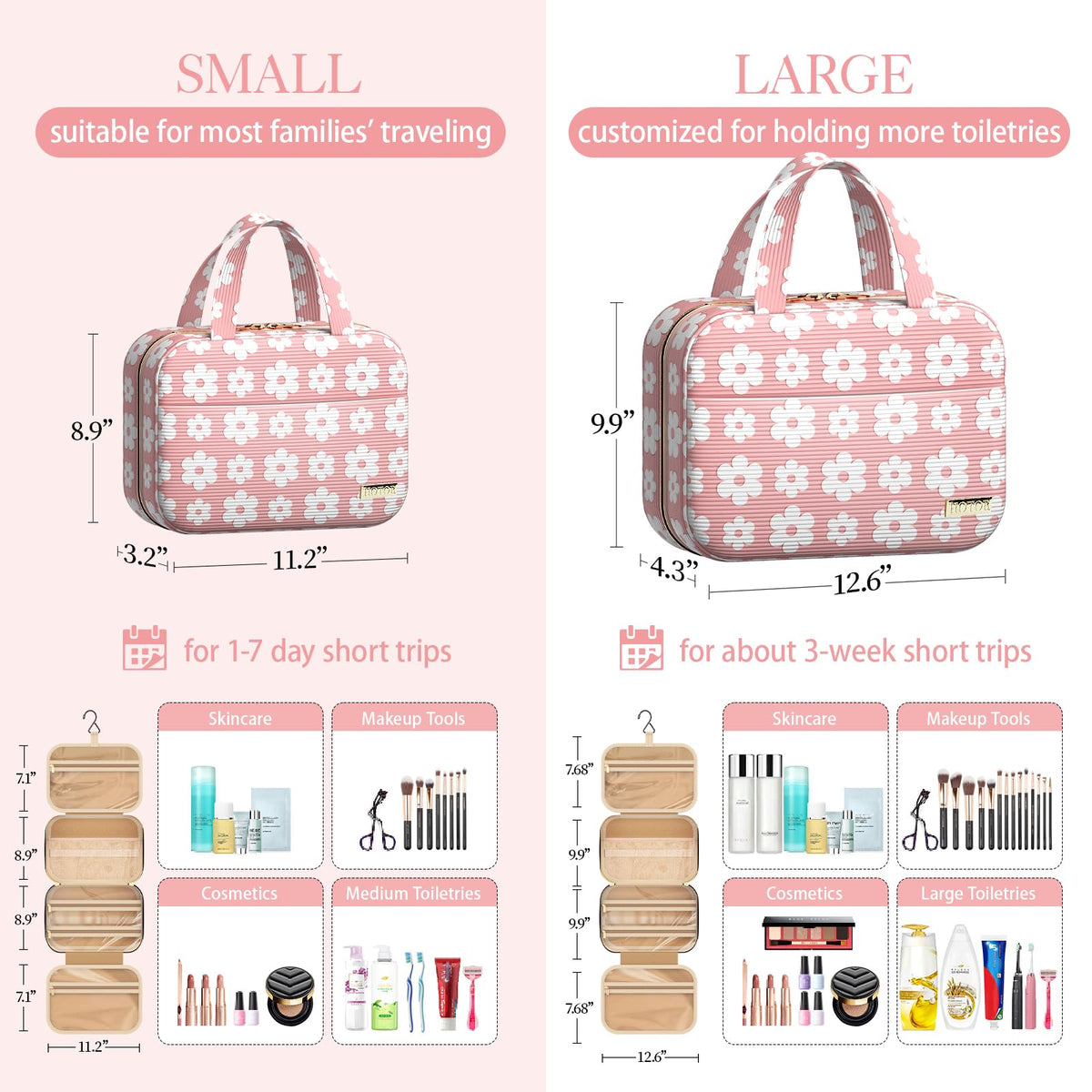 HOTOR Travel Toiletry Bag hanging open, expands to hold shampoos, brushes, and makeup.