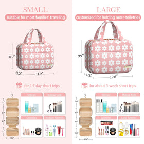 HOTOR Travel Toiletry Bag hanging open, expands to hold shampoos, brushes, and makeup.