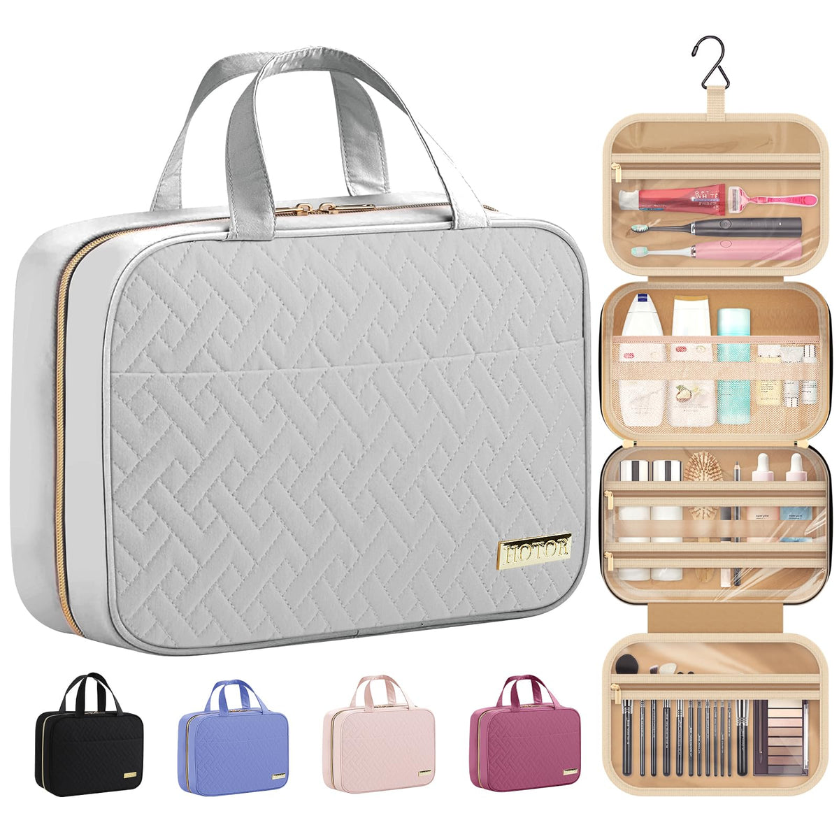 HOTOR travel toiletry bag hanging on a hook keeps cosmetics organized for easy access.