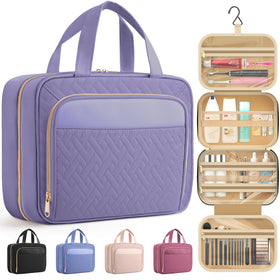 HOTOR travel toiletry bag hanging in a bathroom, space-saving design keeps cosmetics organized and dry.