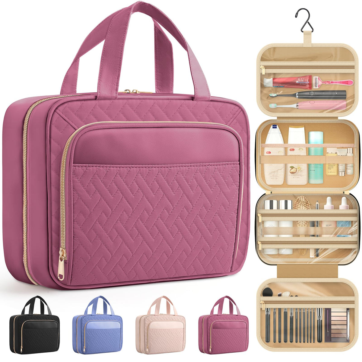 HOTOR travel toiletry bag front view shows organized compartments for quick access.