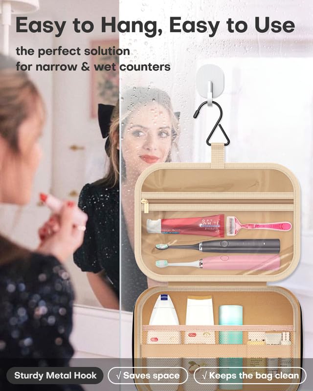 HOTOR travel toiletry bag hanging hook use illustrates space saving on trips.