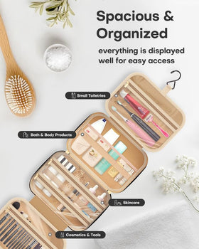 HOTOR travel toiletry bag inside shows compartments that keep bottles upright and spills contained.