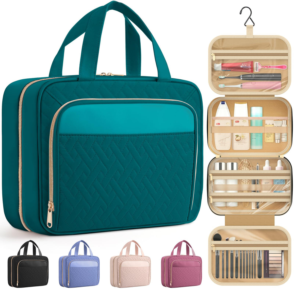 HOTOR travel toiletry bag in teal with hanging hook, ideal for hotel bathrooms and quick access.