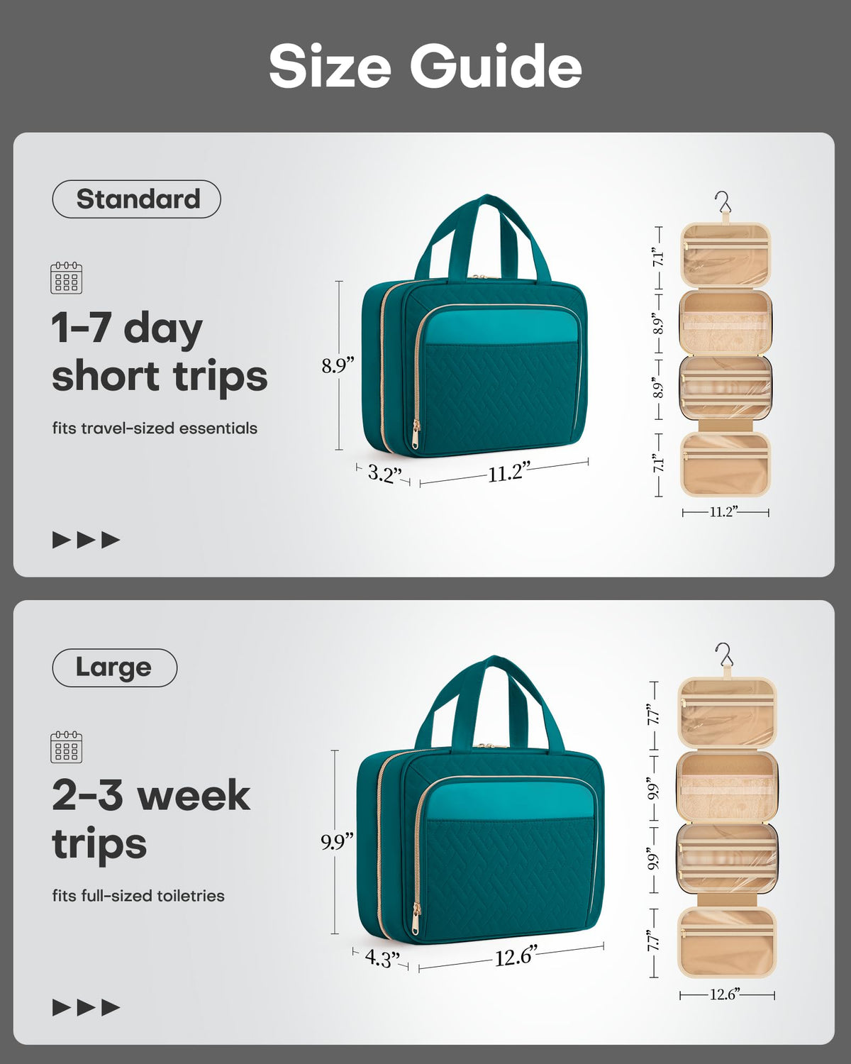 HOTOR teal toiletry bag showing multiple pockets keeps cosmetics organized on trips.