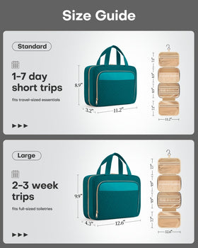 HOTOR teal toiletry bag showing multiple pockets keeps cosmetics organized on trips.