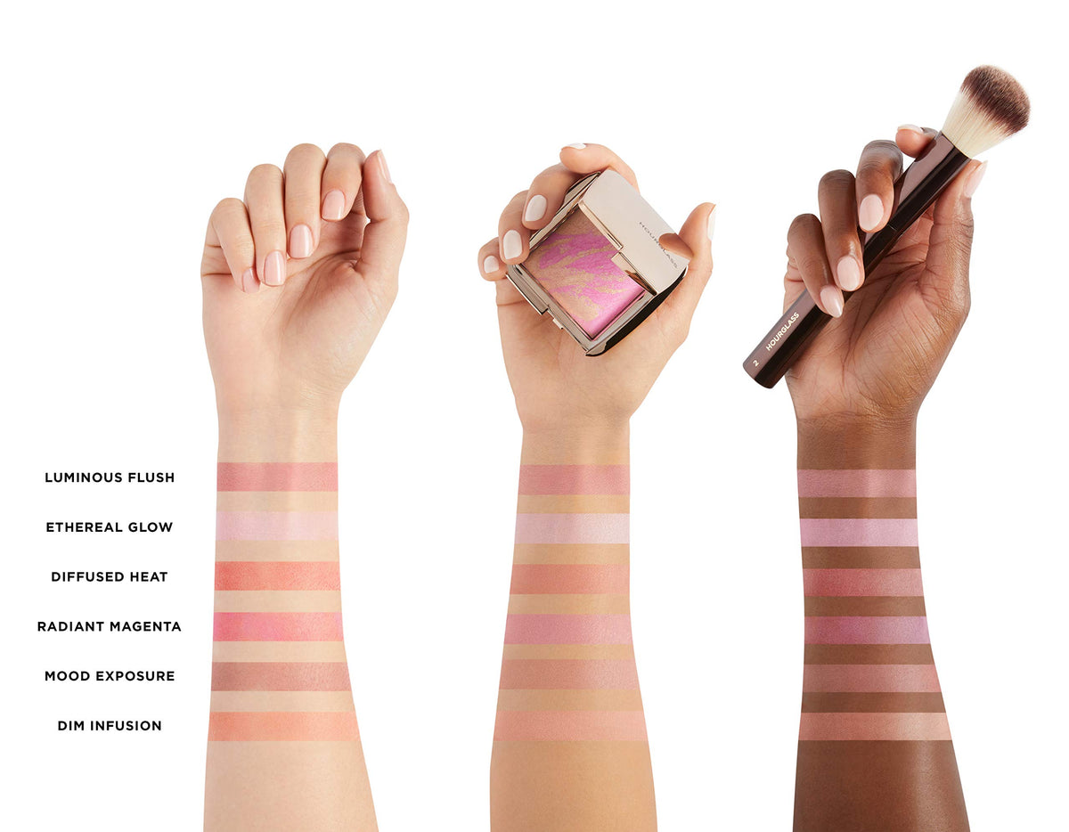 Hourglass Ambient Lighting Blush Ethereal Glow applied on cheek demonstrates seamless radiance and natural finish