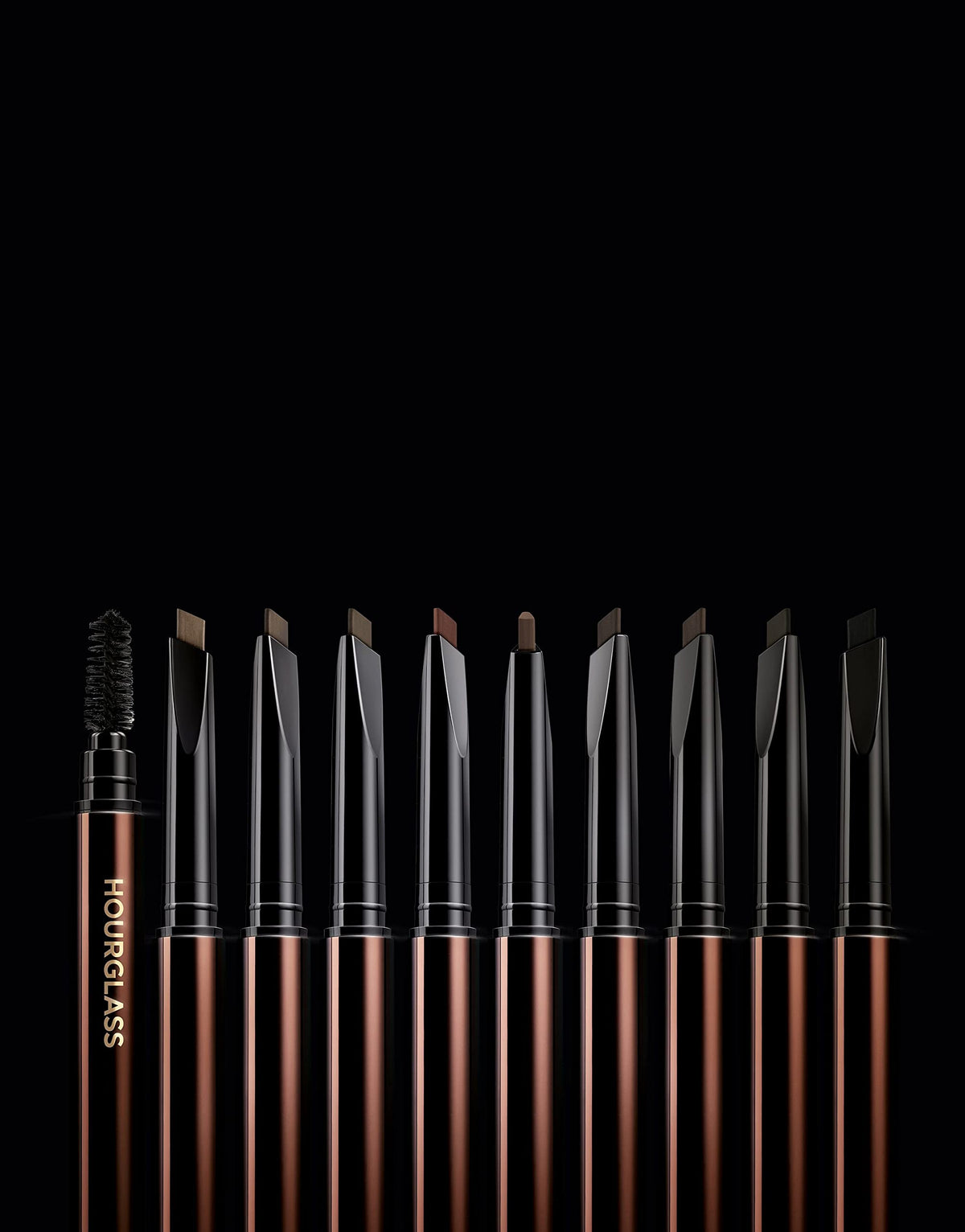 Hourglass Arch Brow Sculpting Pencil swatches providing buildable color for natural to bold brows.
