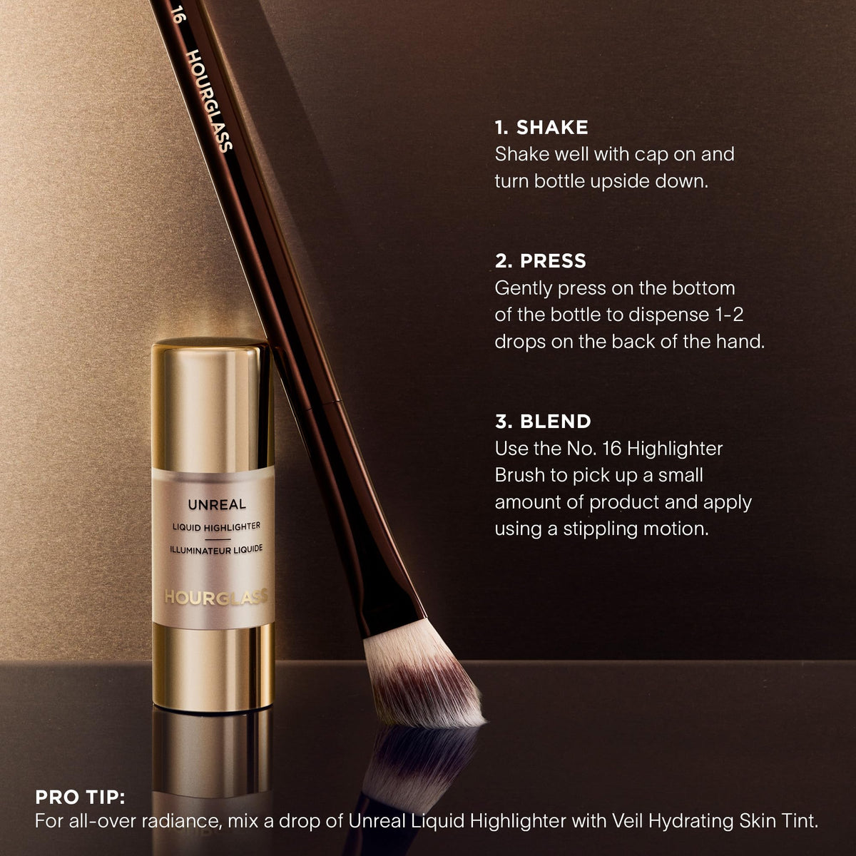 Hourglass Unreal Liquid Highlighter can be mixed with blush or foundation for all-over radiance.