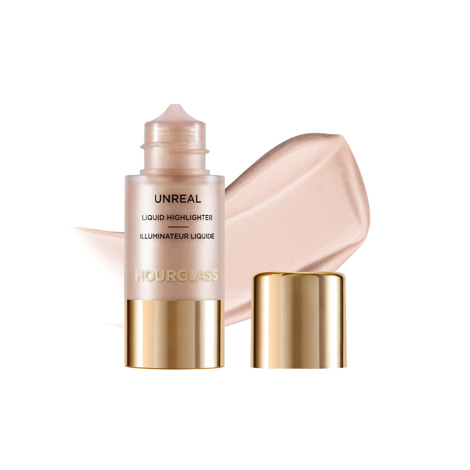 Hourglass Unreal Liquid Highlighter packaging highlights a premium bottle and easy, controlled application.