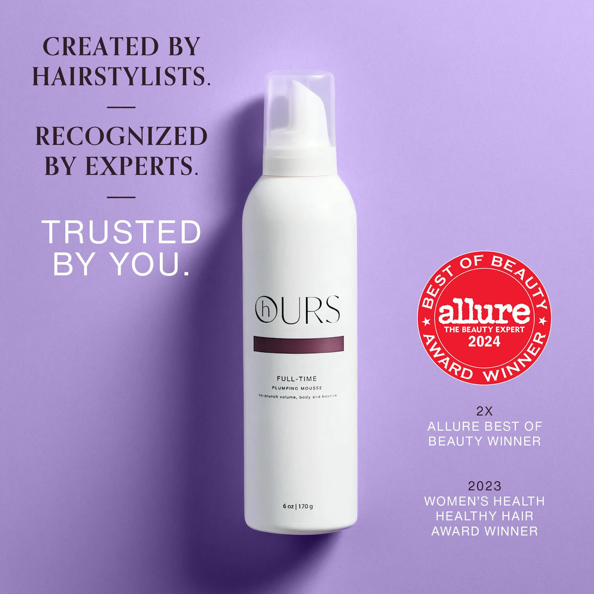 HOURS haircare Full-Time Plumping Mousse foam close-up highlights lightweight body and lift