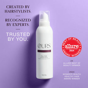 HOURS haircare Full-Time Plumping Mousse foam close-up highlights lightweight body and lift