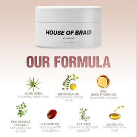 House Of Braid gel texture close-up highlights smooth, non-sticky formula ideal for sleek looks.