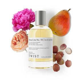 House of Twist Rosa Lina No. 58 bottle closeup with bright lychee top notes.