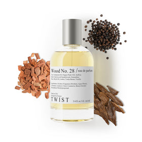 HOUSE OF TWIST Twist Wood No. 28 bottle close-up, unisex amber-woody scent for everyday wear.