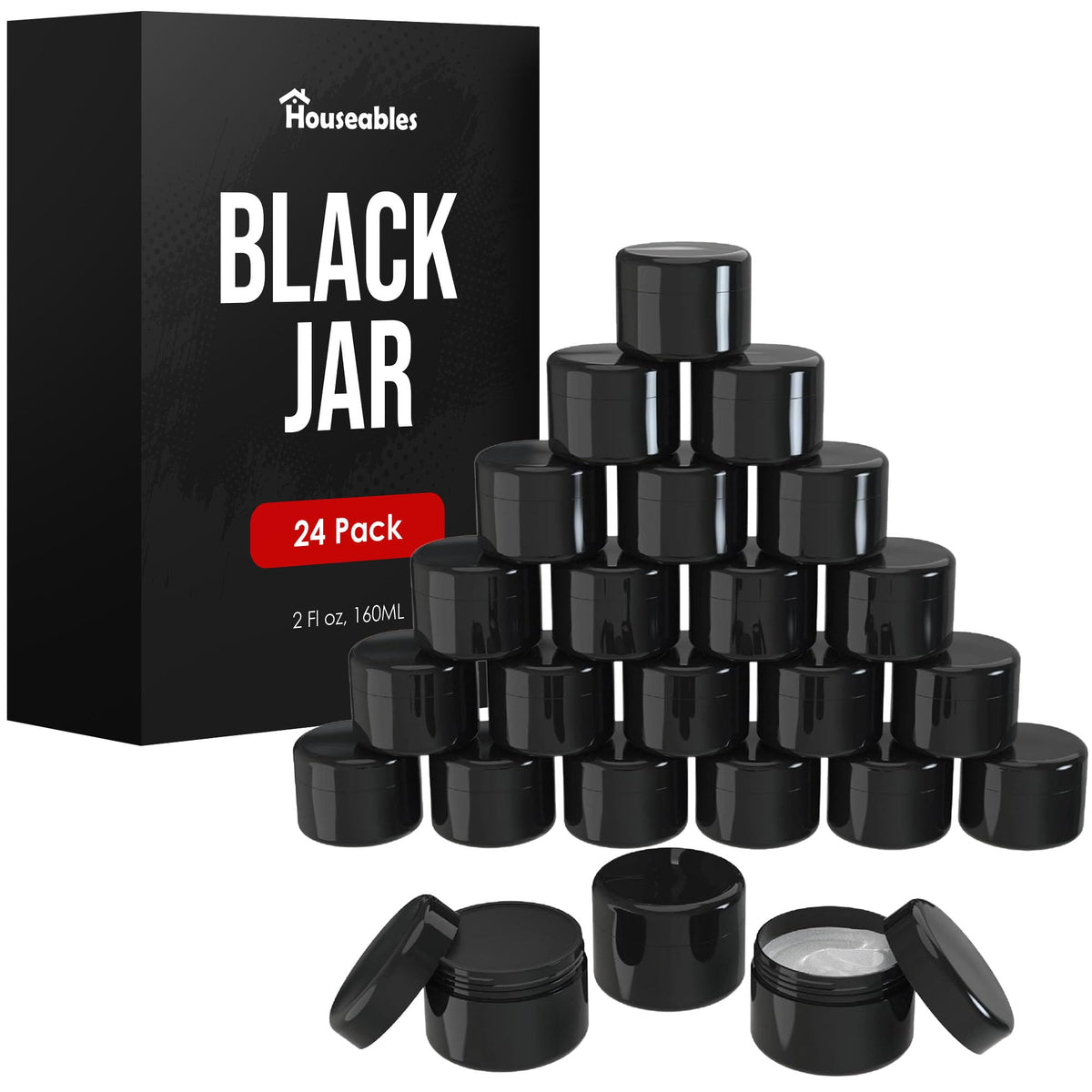 Houseables 2oz black cosmetic jar with lid on, ideal for on-the-go skincare samples.