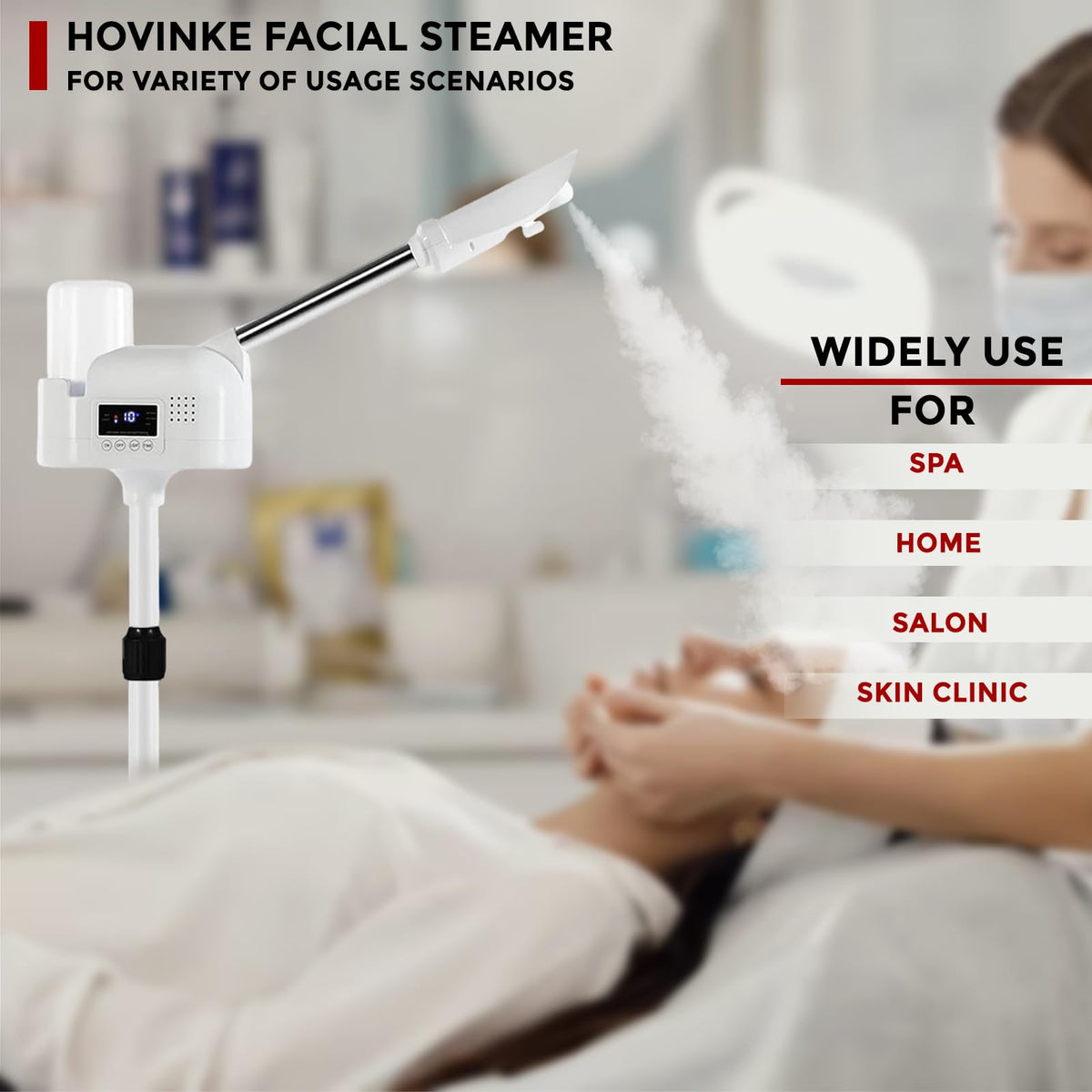 Hovinke facial steamer on wheels highlights mobility wheels for seamless repositioning.