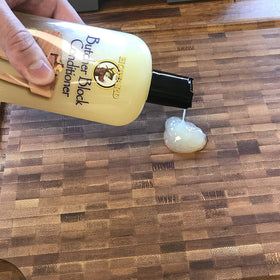 Product in use on a kitchen island to renew cutting boards with Howard BBC012.