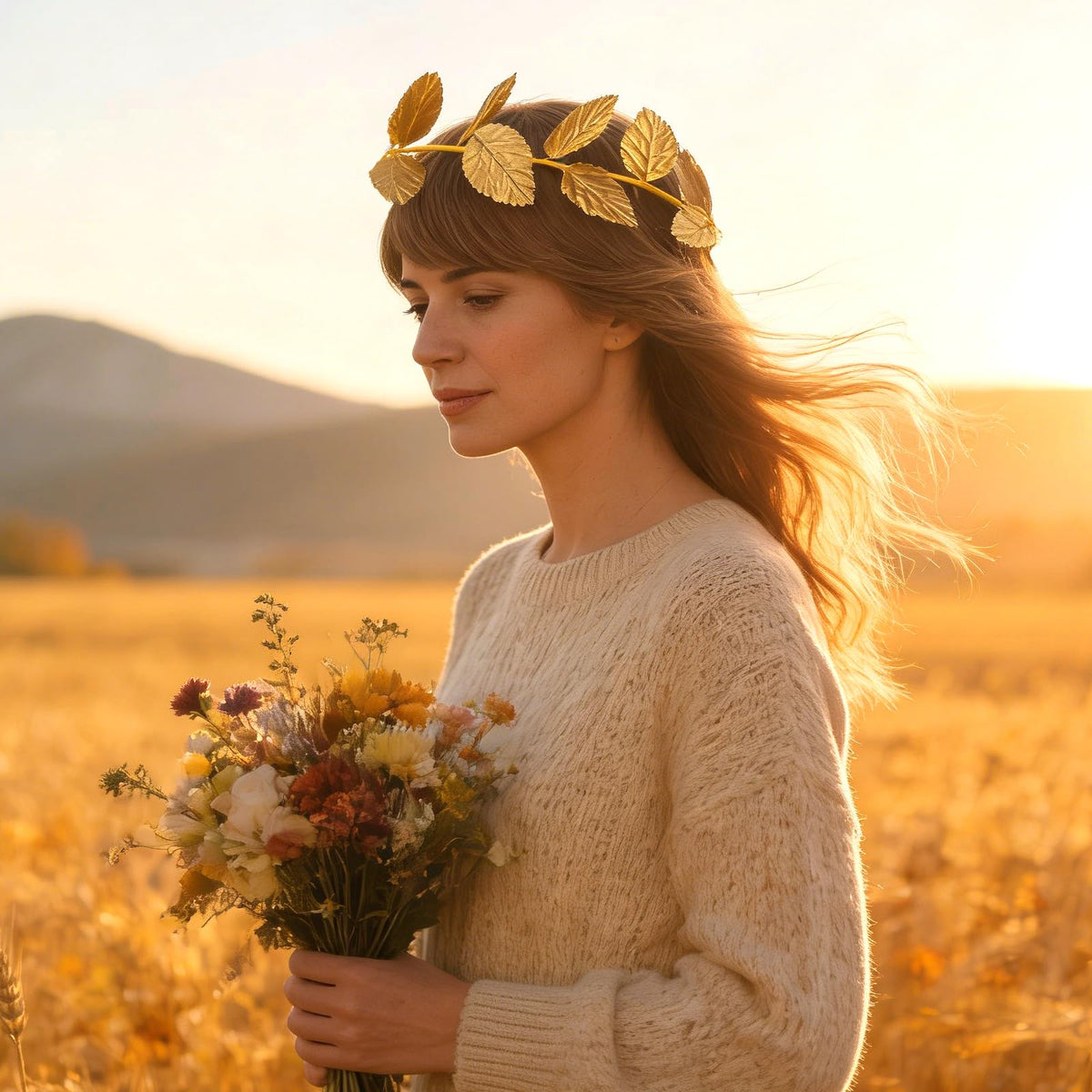 Hoypeyfiy gold-laurel-crown headband suits various hairstyles and events.