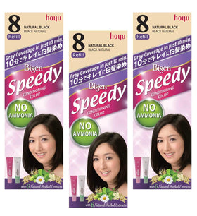 Hoyu Bigen Speedy Hair Color Refill No.8 Natural Black pour action for fast gray coverage.