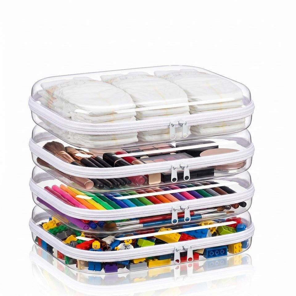 HQAUT clear hard shell case with a 4-pack keeps cosmetics organized and protected during travel.