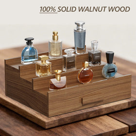 Hrbjunuo walnut display shelf with drawer showcases fragrance and small accessories neatly.