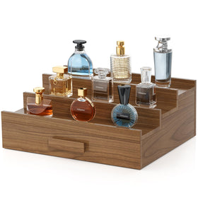 Hrbjunuo solid walnut Cologne Organizer 3-tier display shines on a dresser while keeping bottles accessible.