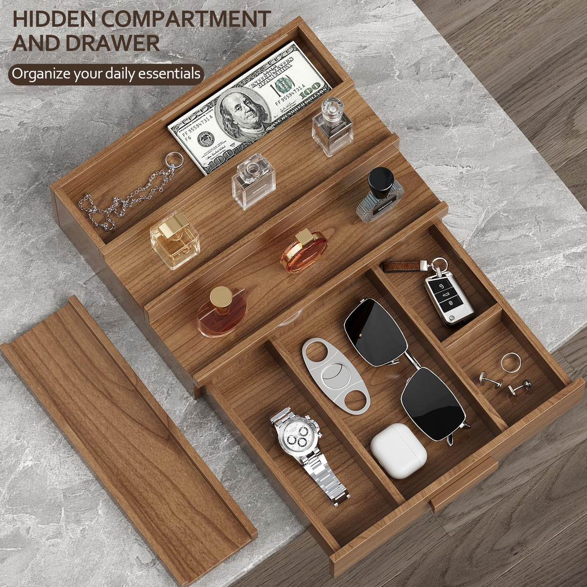 Hrbjunuo hidden compartment holds rings, watches, or jewelry in a tidy space.