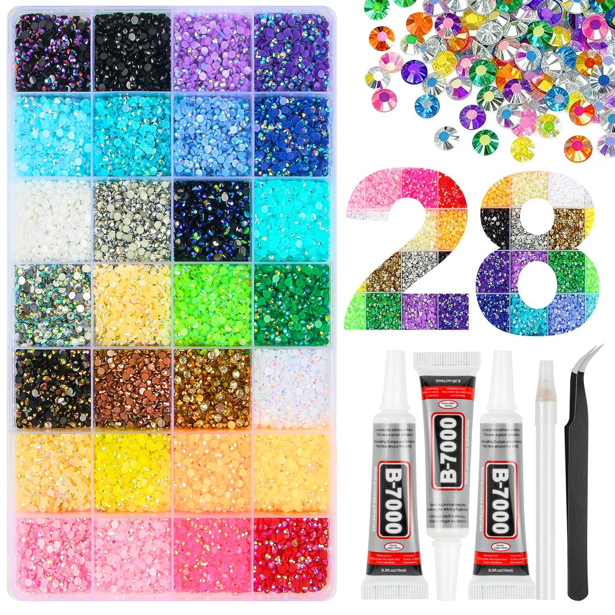 HRLbrc jelly resin rhinestones organized in a 28-grid box for easy crafting planning.