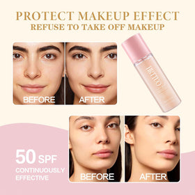 HRTTUO makeup-setting spray provides sun protection while locking makeup in place.