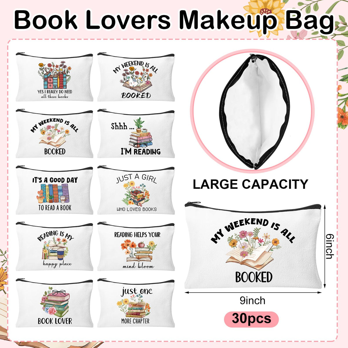 HSDSH book club gift cosmetic bag zipper close-up highlighting secure, smooth opening