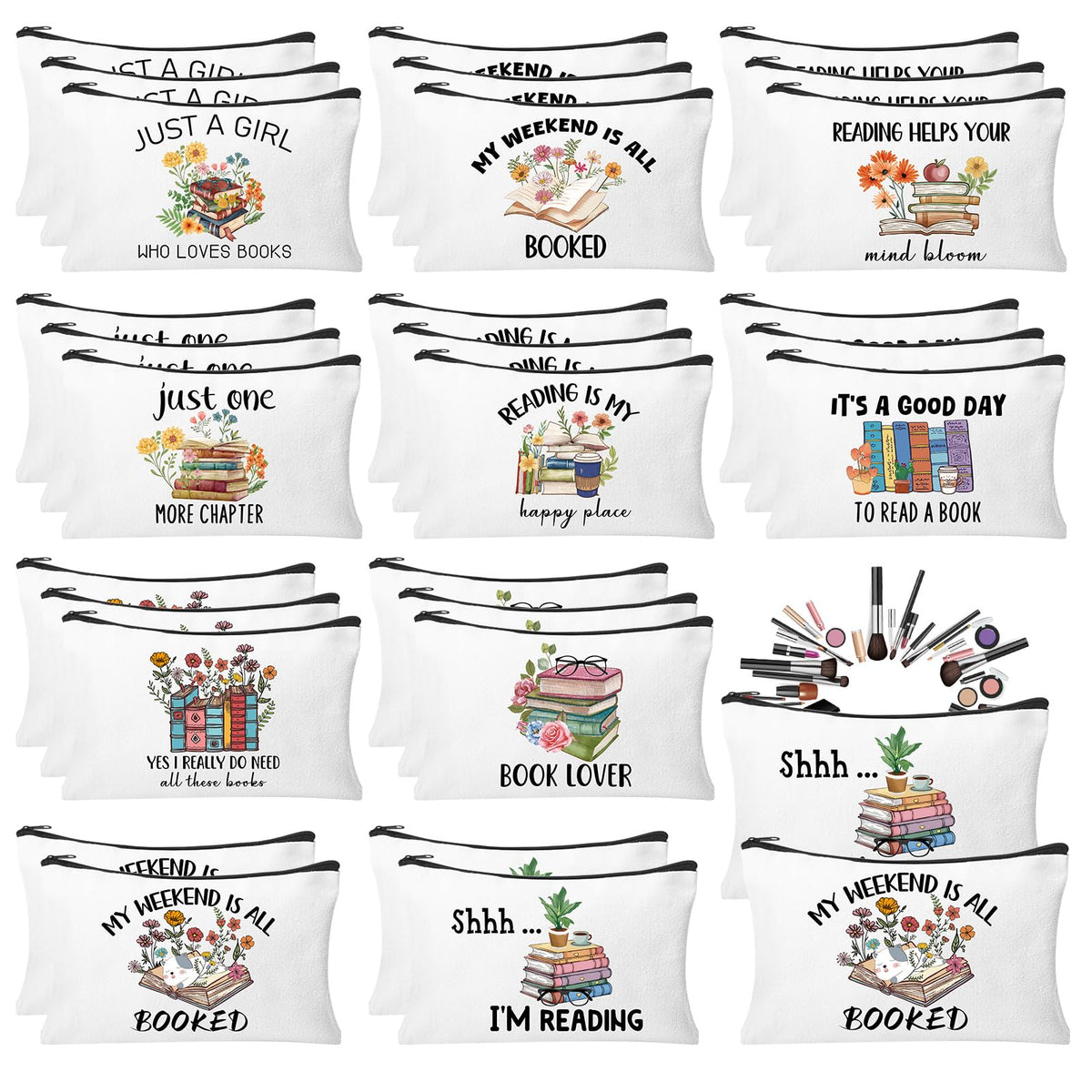 HSDSH book lovers makeup bag front view with durable canvas and book motif for travel