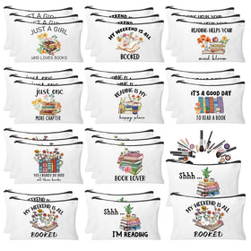 HSDSH book lovers makeup bag front view with durable canvas and book motif for travel