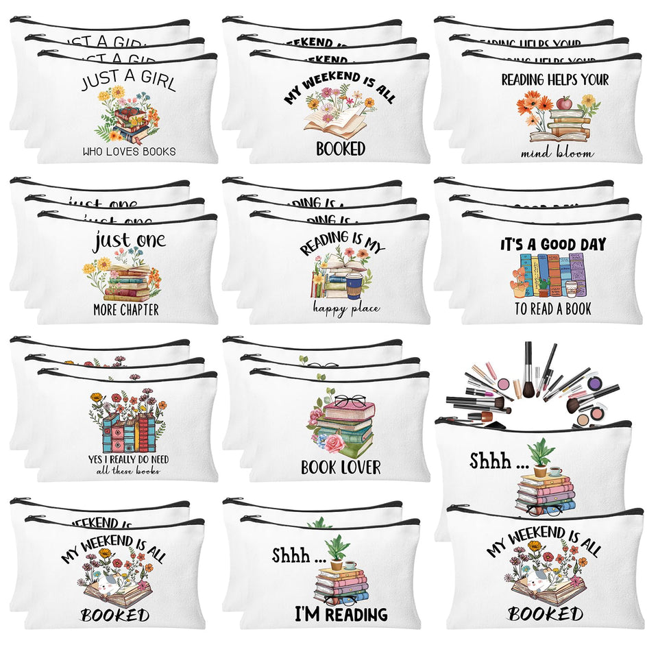HSDSH book lovers makeup bag front view with durable canvas and book motif for travel