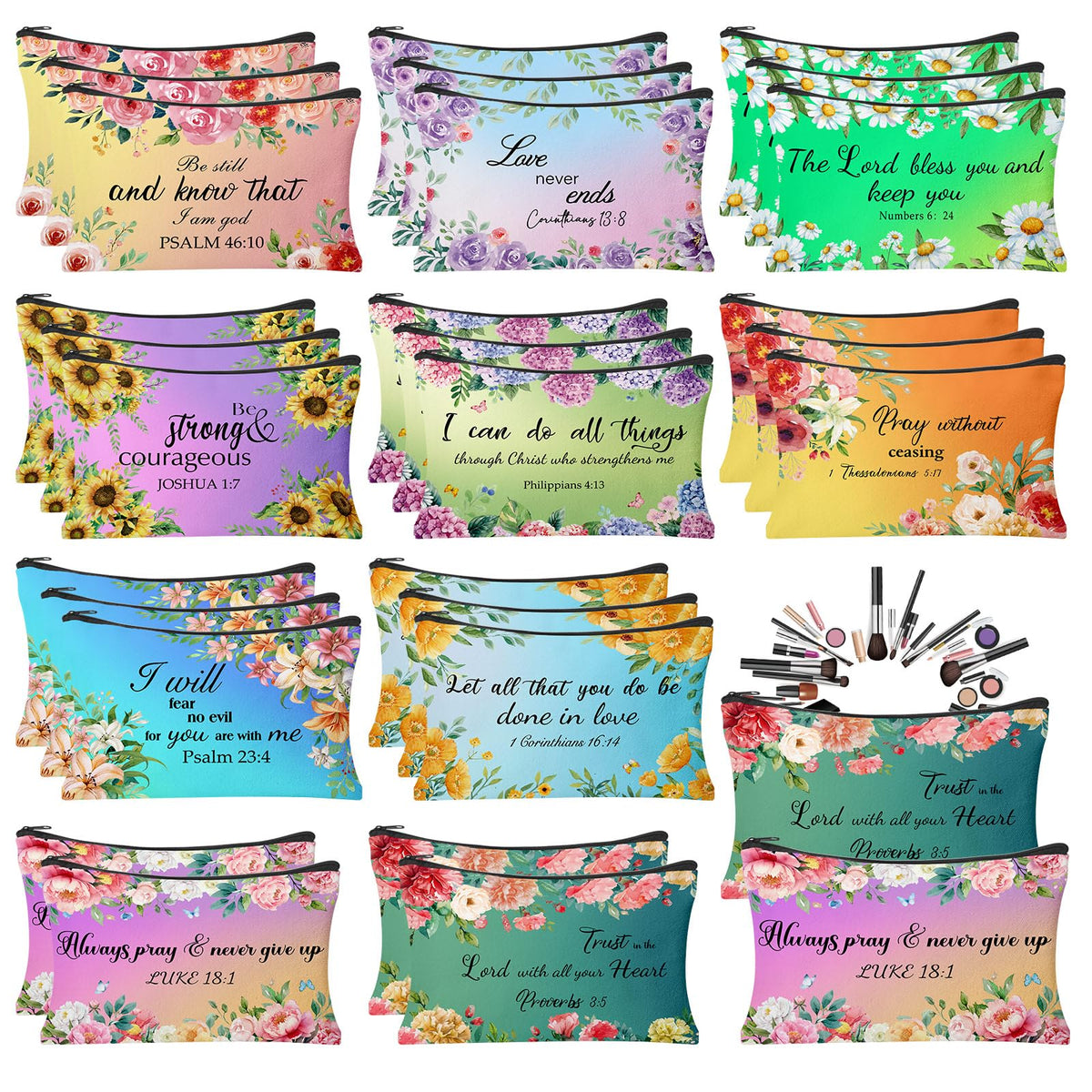 HSDSH Christian makeup bag with Bible verse and flower pattern for daily inspiration.
