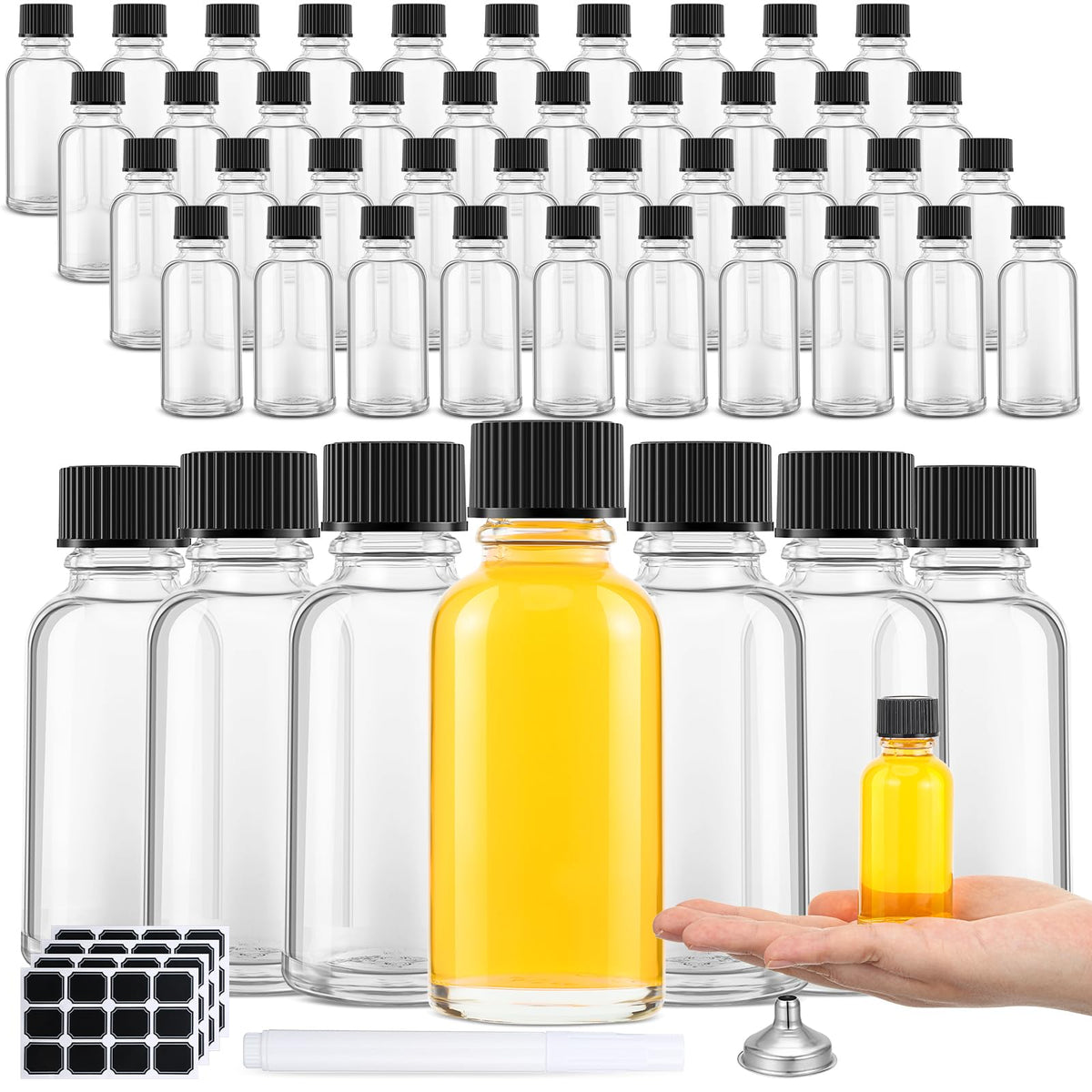 Hsei 1oz Boston bottle clear glass for essential oils and vanilla extract storage.