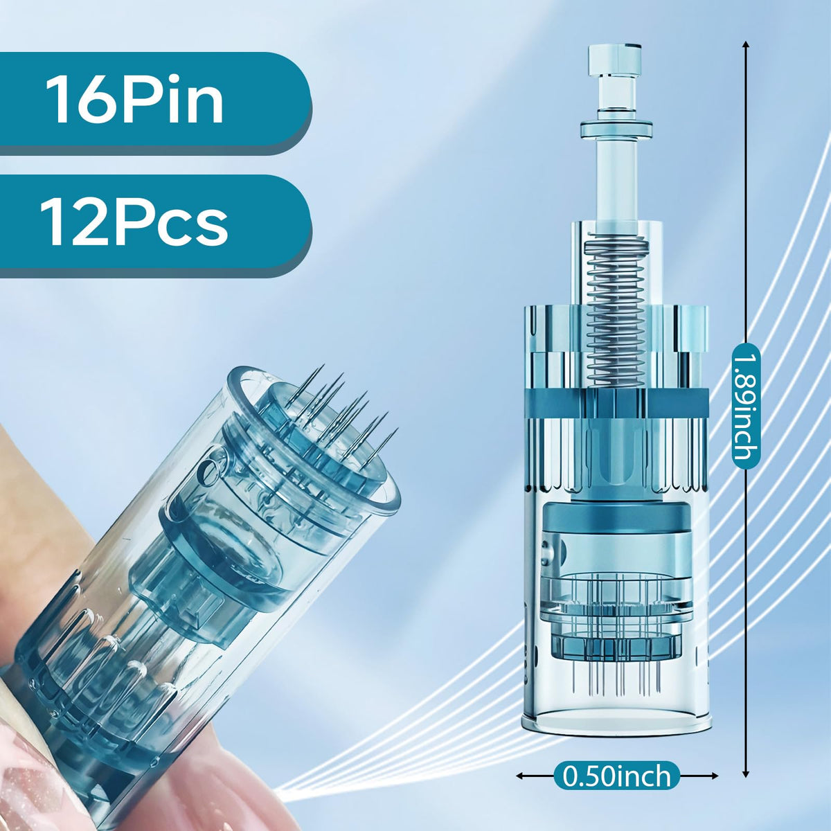 Close-up of HSENBK 16-pin cartridges for Dr Pen M8 with 0.25mm needle