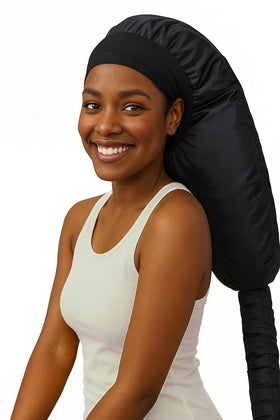 HSHHPZ hooded dryer cap on curly hair for even heat and defined curls