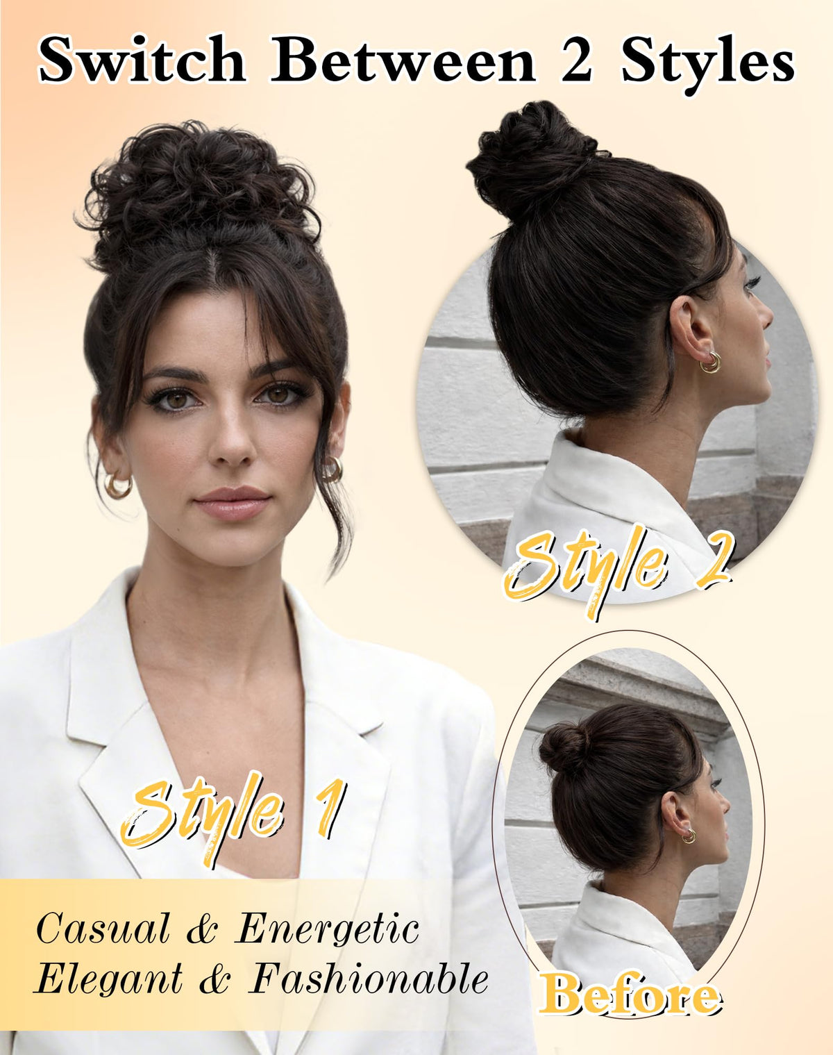 HSLHDI donut updo close-up features ring headband for secure wear