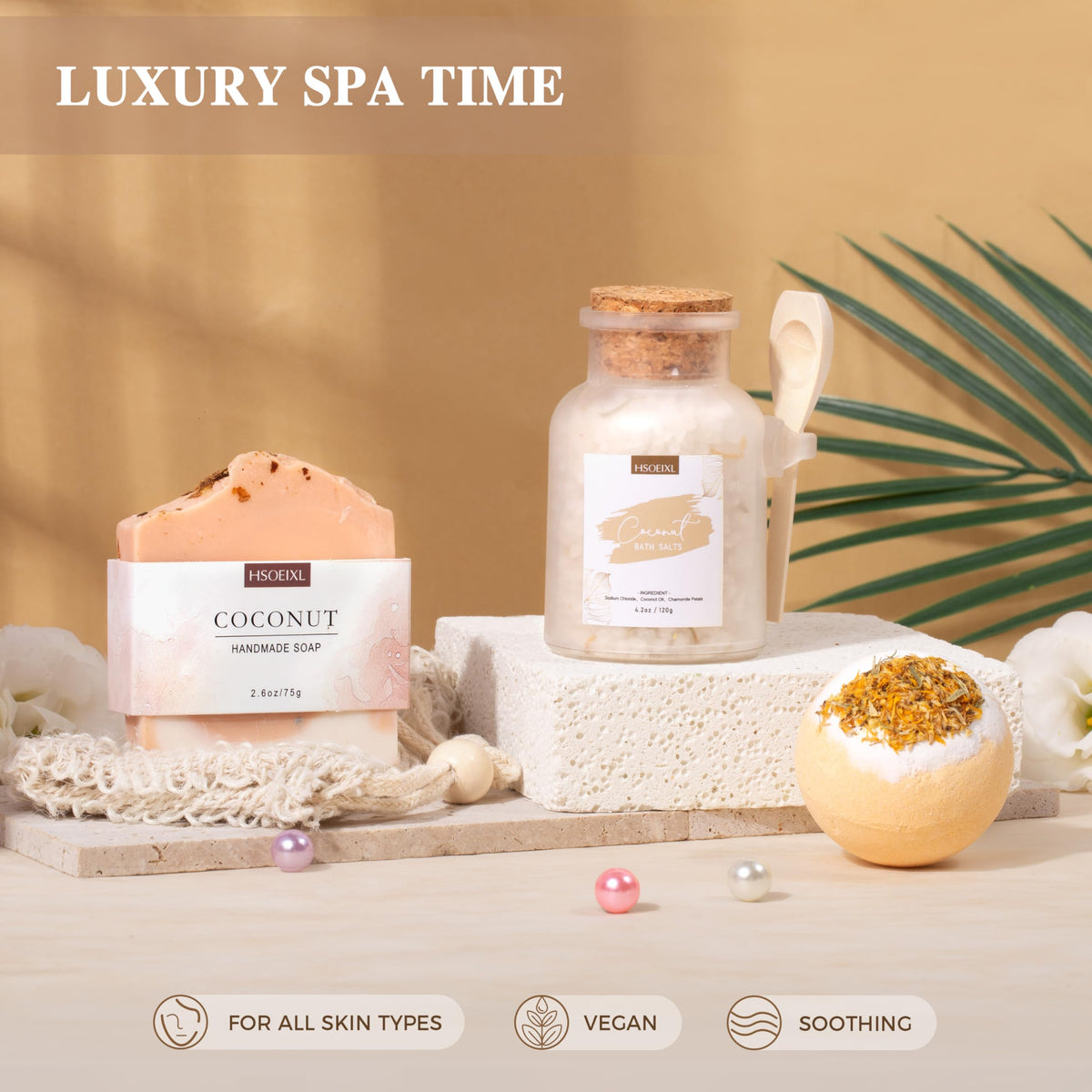 HSOEIXL handmade soap with coconut fragrance for gentle cleansing.