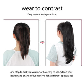 HSPJHTM Dark brown 12-inch ponytail blends with natural hair.