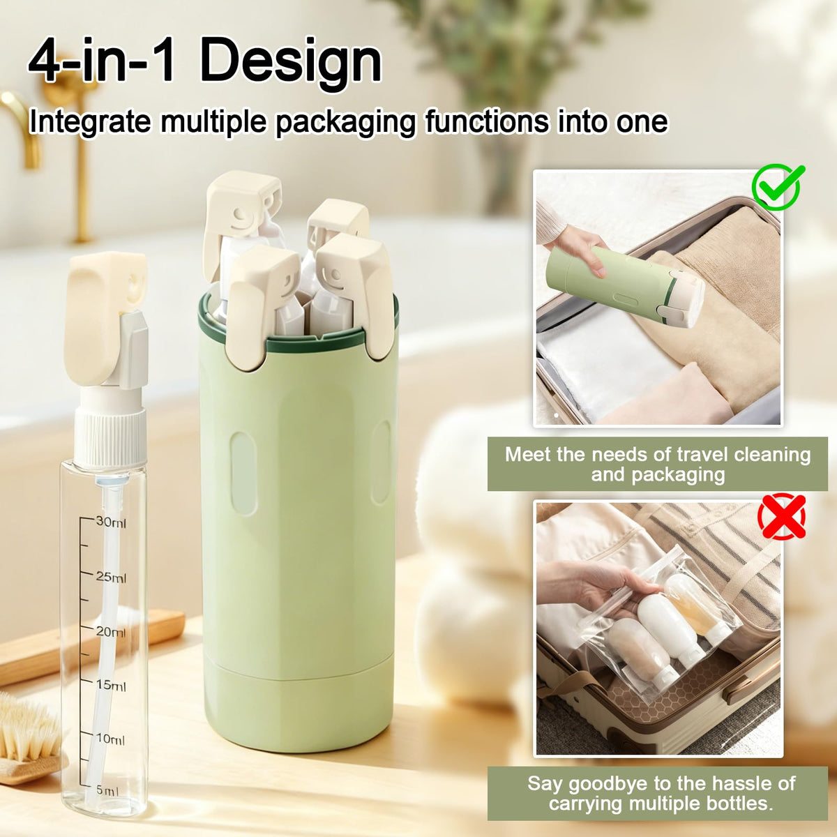 Space-saving HSXCCL bottles packed in a suitcase