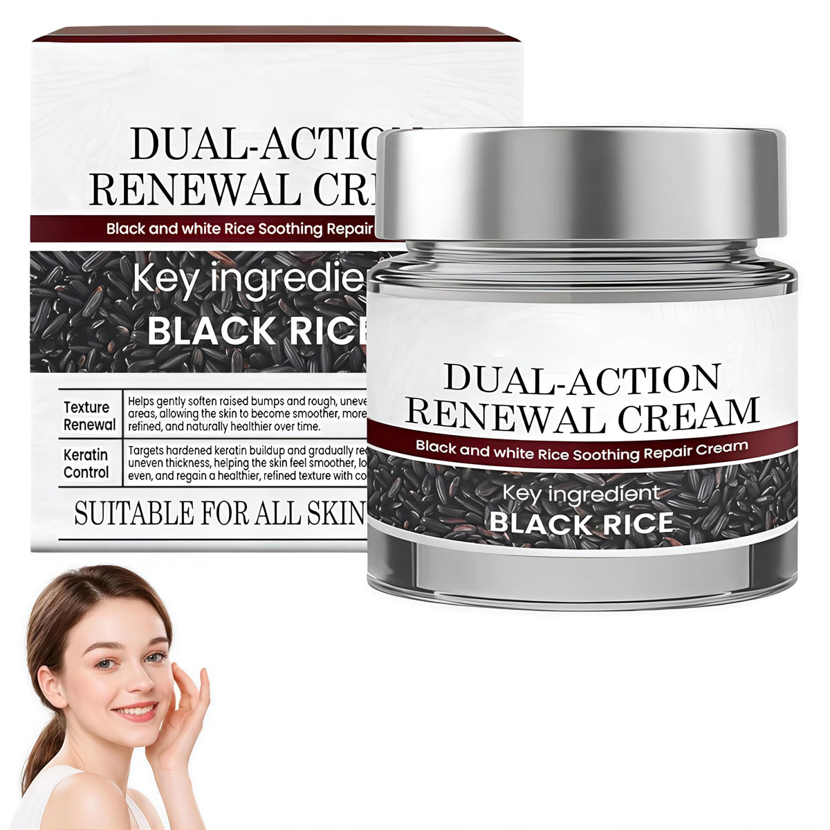 HTKINMI dual-action renewal cream bottle with black rice; smooths texture for refined skin.