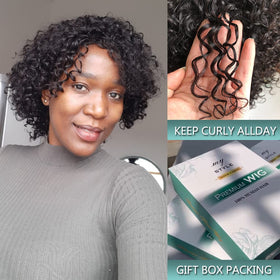 HUA Brazilian Kinky Curly 10inch wig side view highlights seamless blend with natural hairline