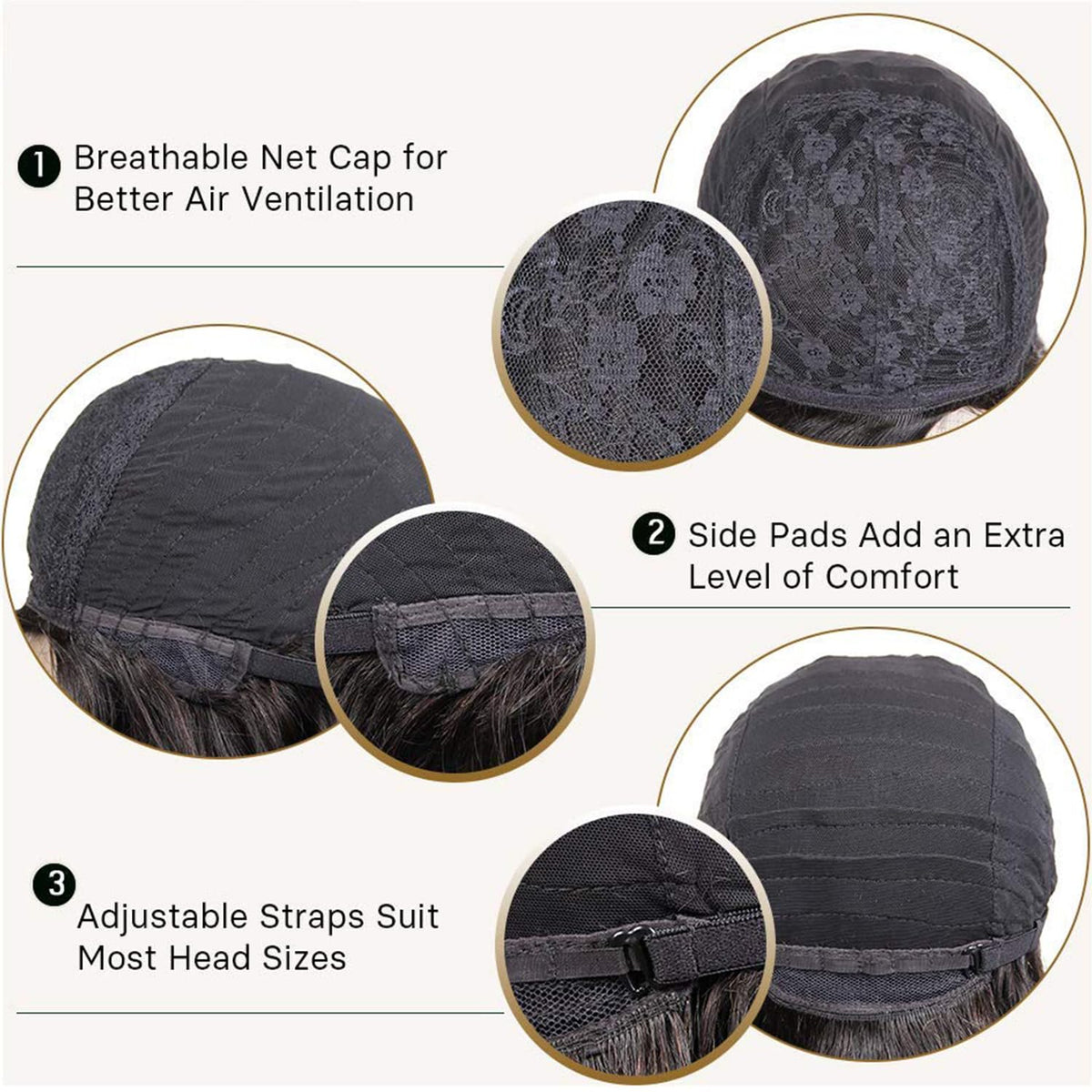 HUA grey glueless wig adjustable straps and back rings for secure fit